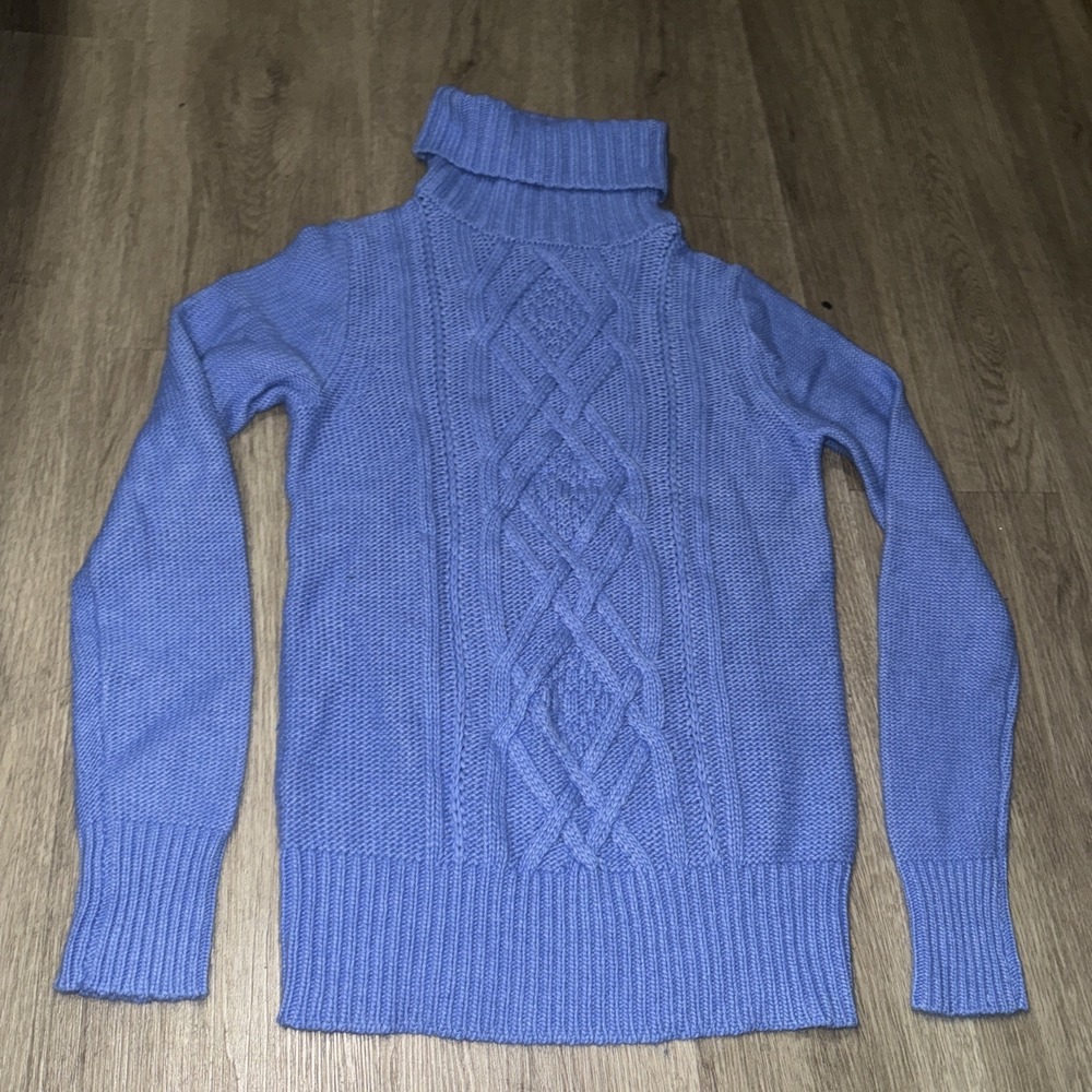 Vtg J Crew Turtleneck Sweater Womens Rayon Wool Blend Blue Ribbed Fisherman Knit